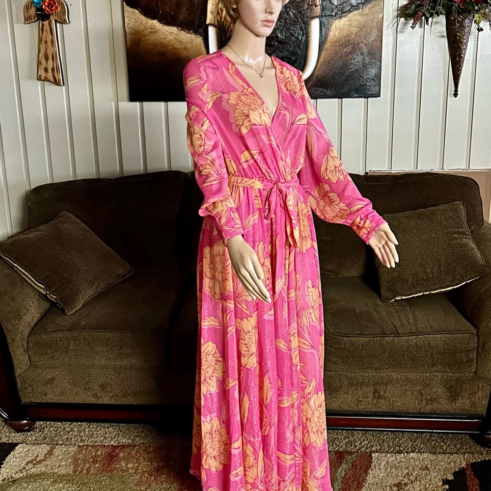 Alexa B Nites ~ Size 8 ~ Pink/Orange ~ Floral ~ Silver Metallic Thread ~ Dress - Picture 12 of 14